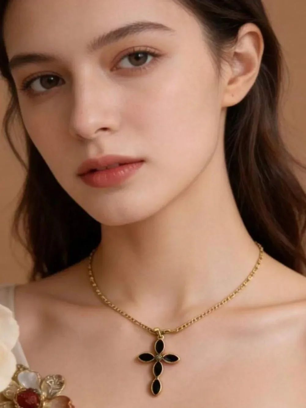 Gold Chain Necklace with Black Cross Pendant R720